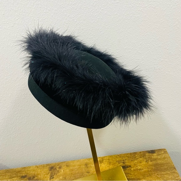 Elegant Black Wool Pill Box Church Hat Feather-Trimmed  with Rhinestone Detail main image 10